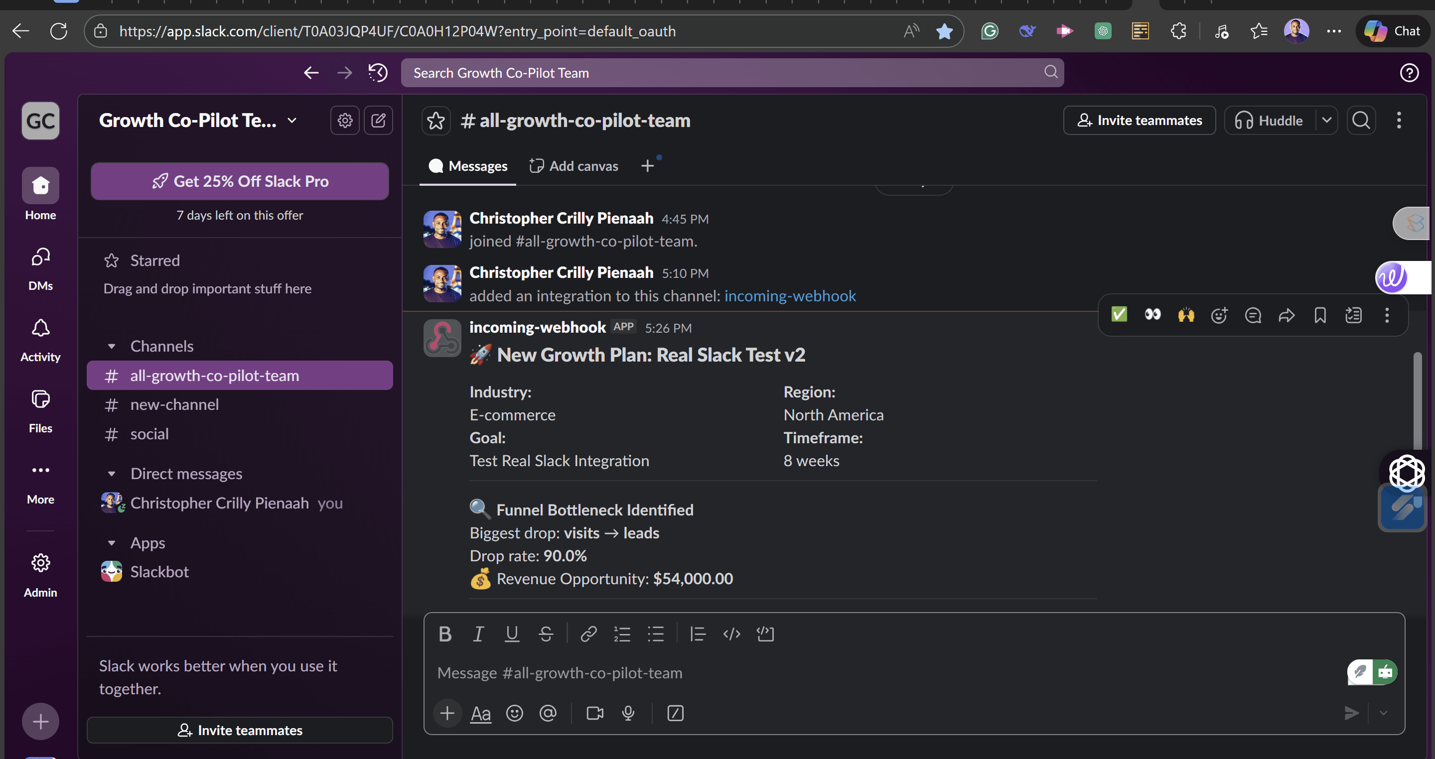 Growth plan delivered via Slack webhook